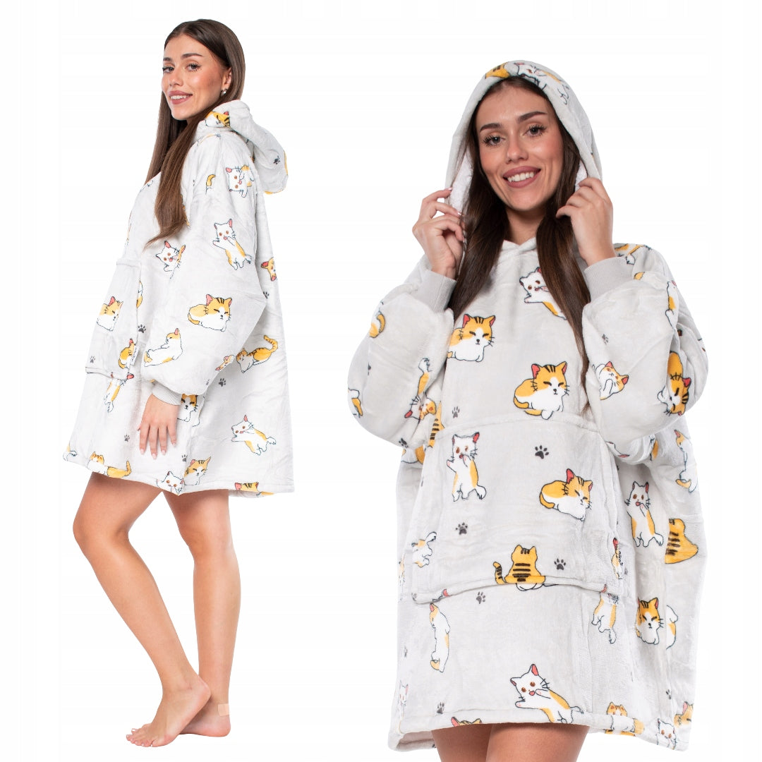 Džemperis pledas Kocobluza 2in1 Oversize su gobtuvu, storalapis Sherpa, pilkas su katukais