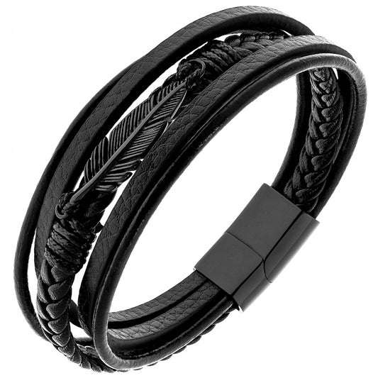 Moteriška odinė apyrankė su plunksnos pakabuku, detalės iš chirurginio plieno