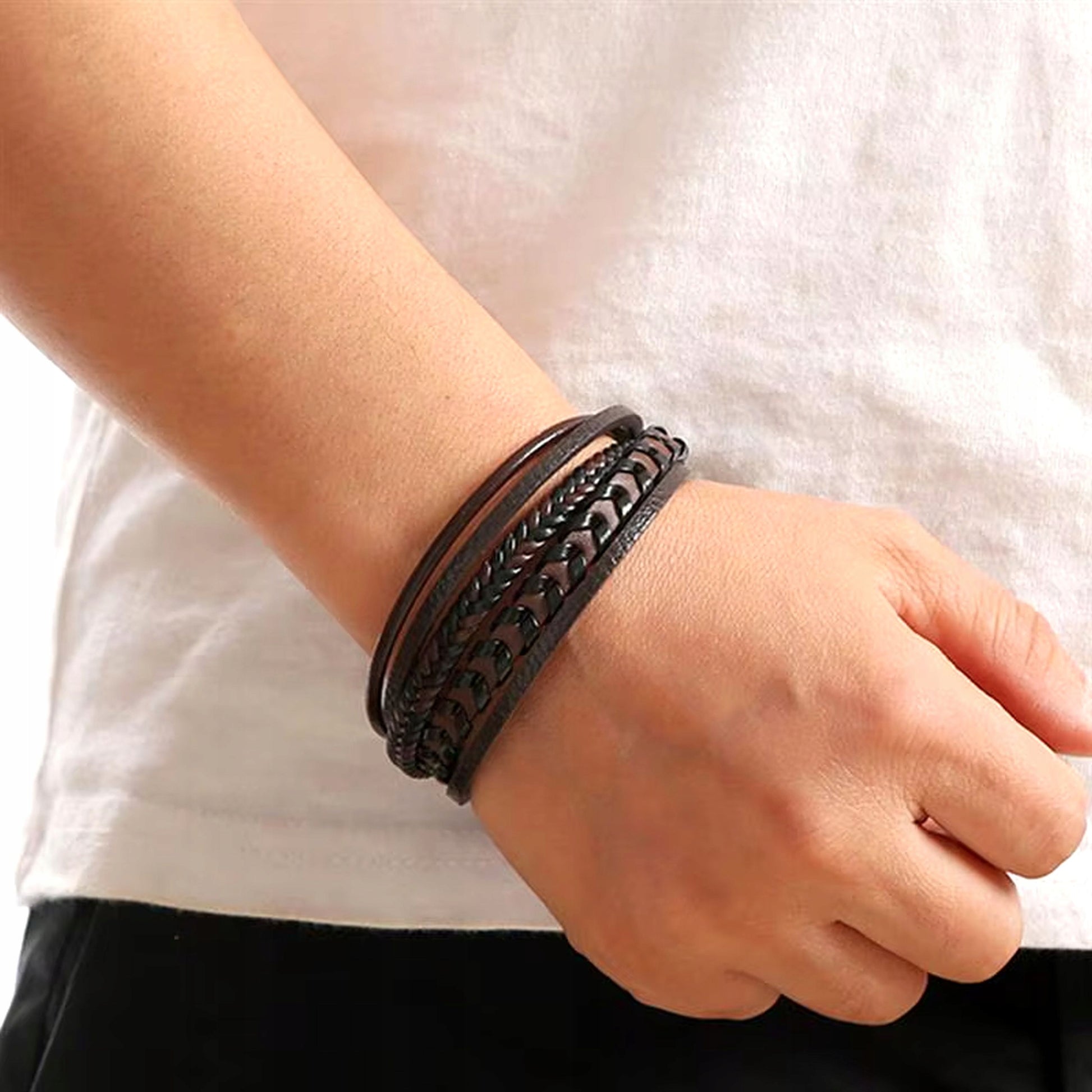 Vyriška odinė apyrankė, ruda, trigubas dirželis, nerūdijantis plienas 316L