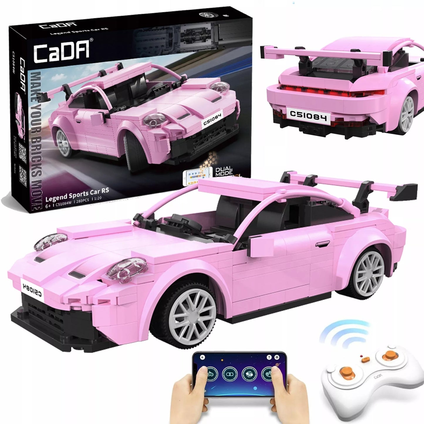 CADA Konstruktoriaus rinkinys: Sportinio automobilio modelis "Legend Sport", Rožinis, RC, Dvigubo režimo, 280 elementų