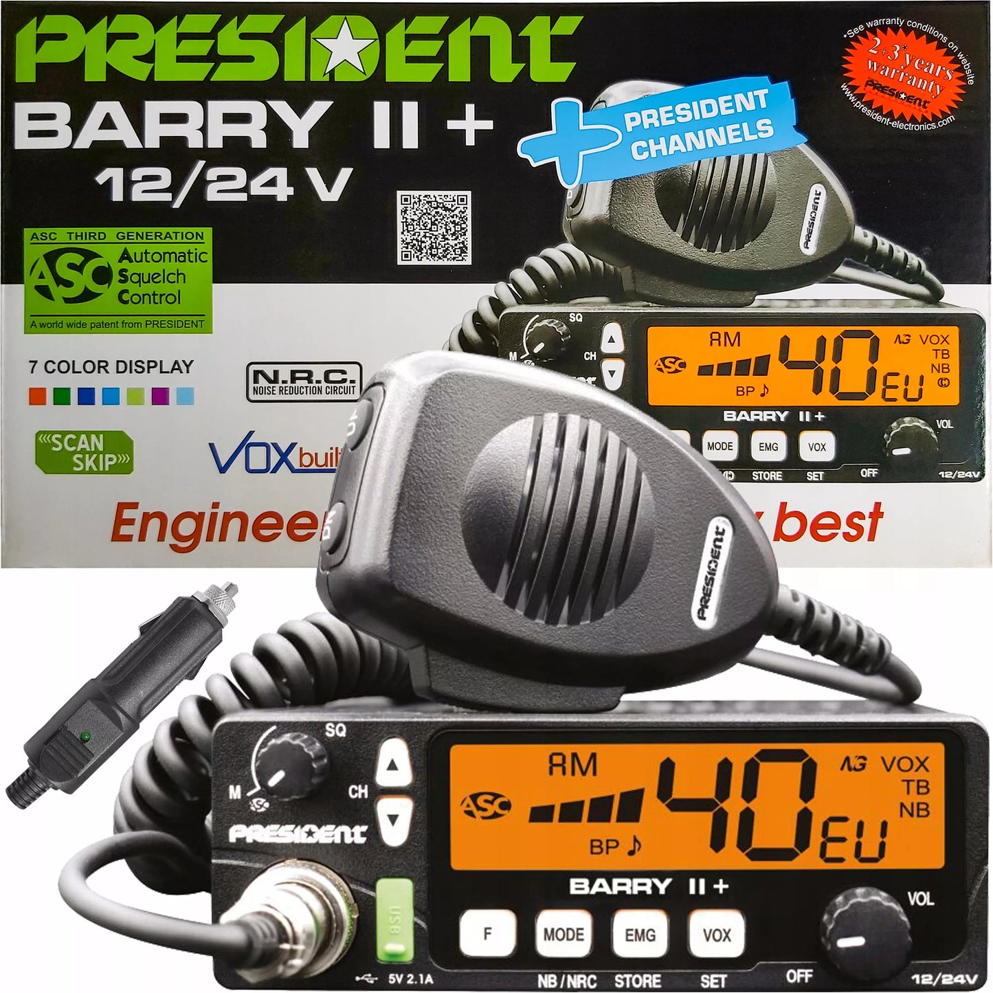 CB RADIJAS PRESIDENT BARRY II+ ASC NB 12V/24V + nemokamas žiebtuvėlio kištukas