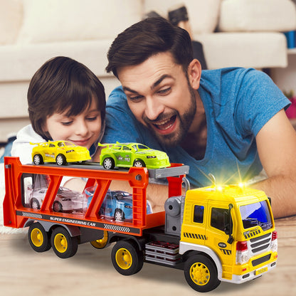 Sunkvežimio transporteris su automobiliais, garsinis žaislas