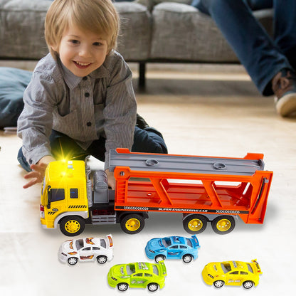 Sunkvežimio transporteris su automobiliais, garsinis žaislas