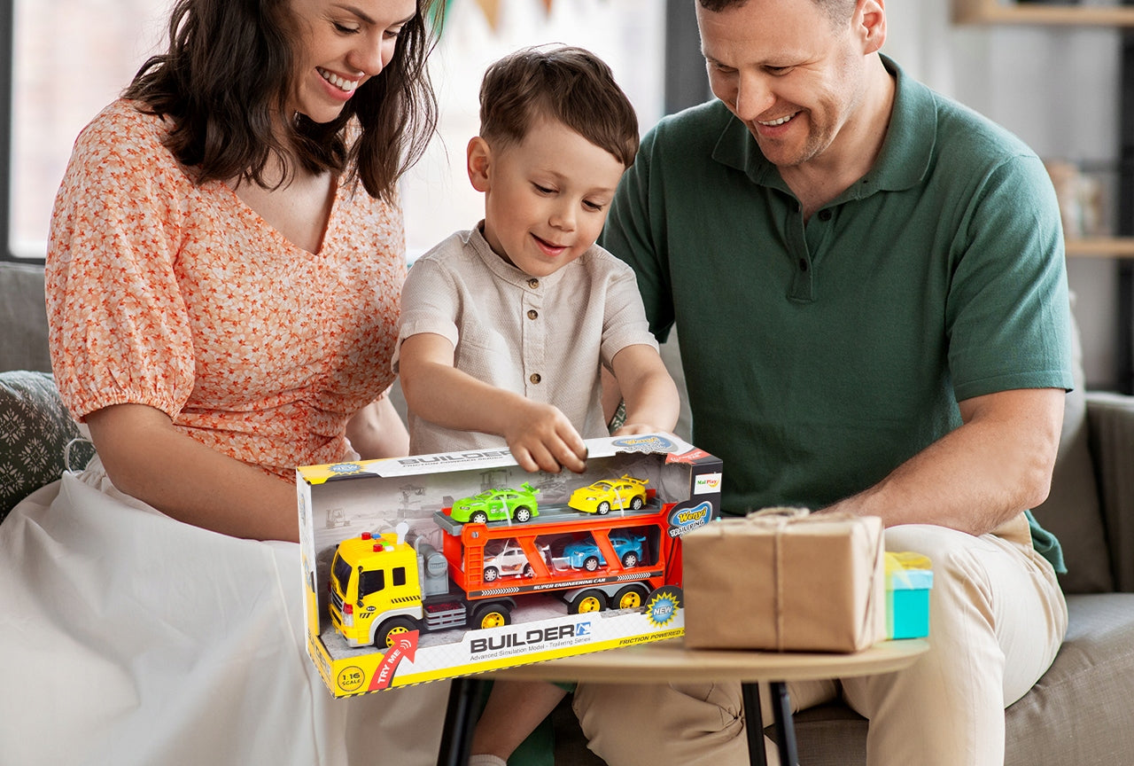 Sunkvežimio transporteris su automobiliais, garsinis žaislas