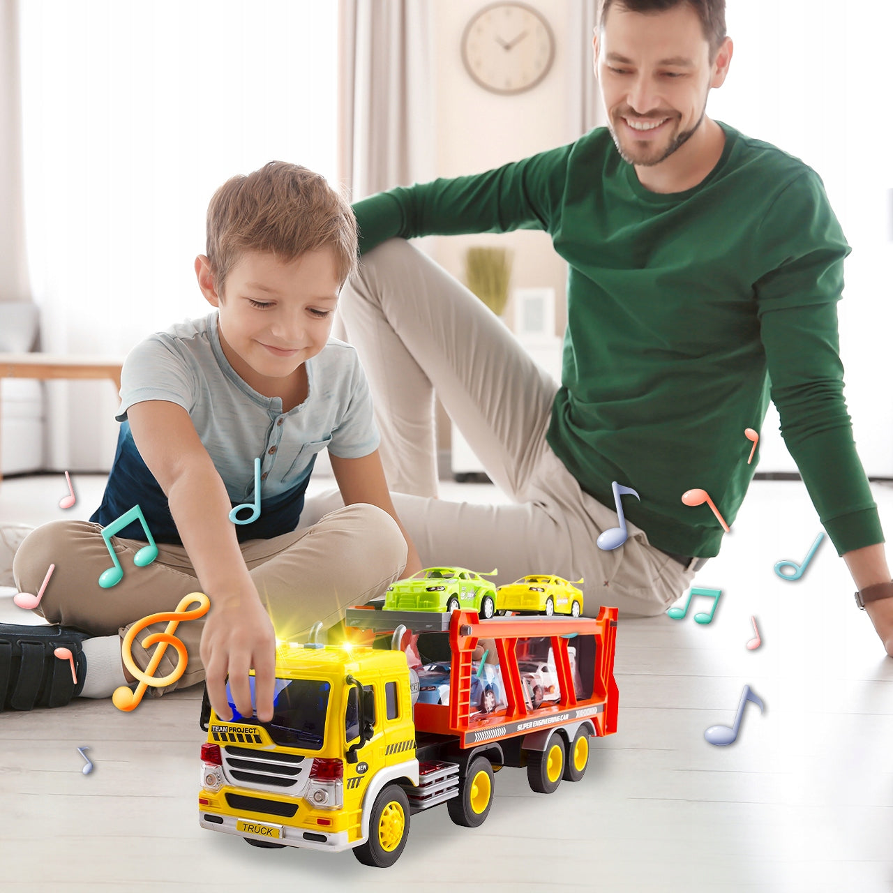 Sunkvežimio transporteris su automobiliais, garsinis žaislas