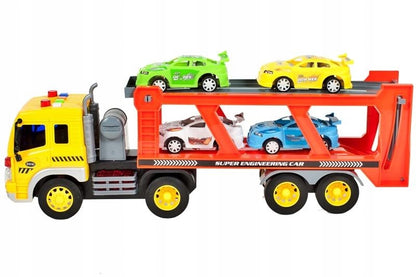 Sunkvežimio transporteris su automobiliais, garsinis žaislas