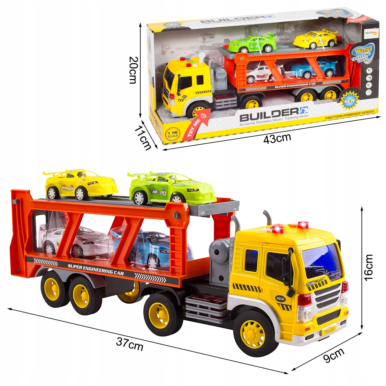 Sunkvežimio transporteris su automobiliais, garsinis žaislas