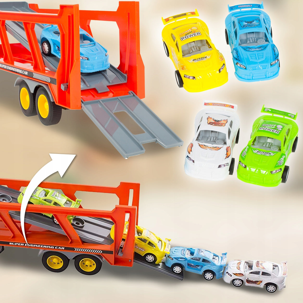 Sunkvežimio transporteris su automobiliais, garsinis žaislas