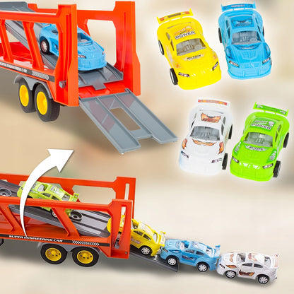Sunkvežimio transporteris su automobiliais, garsinis žaislas