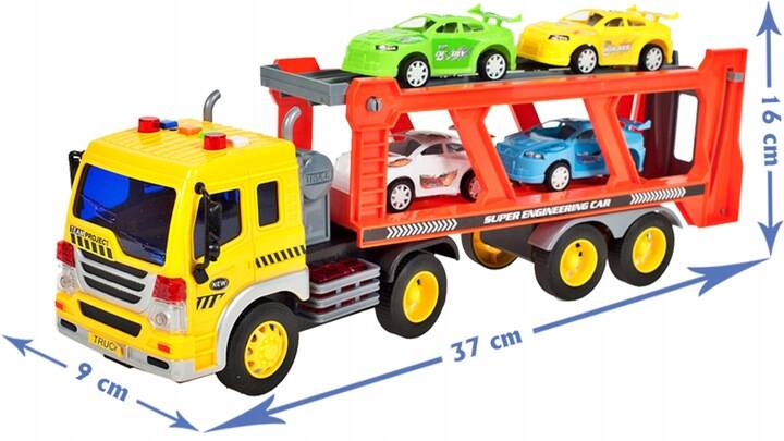 Sunkvežimio transporteris su automobiliais, garsinis žaislas
