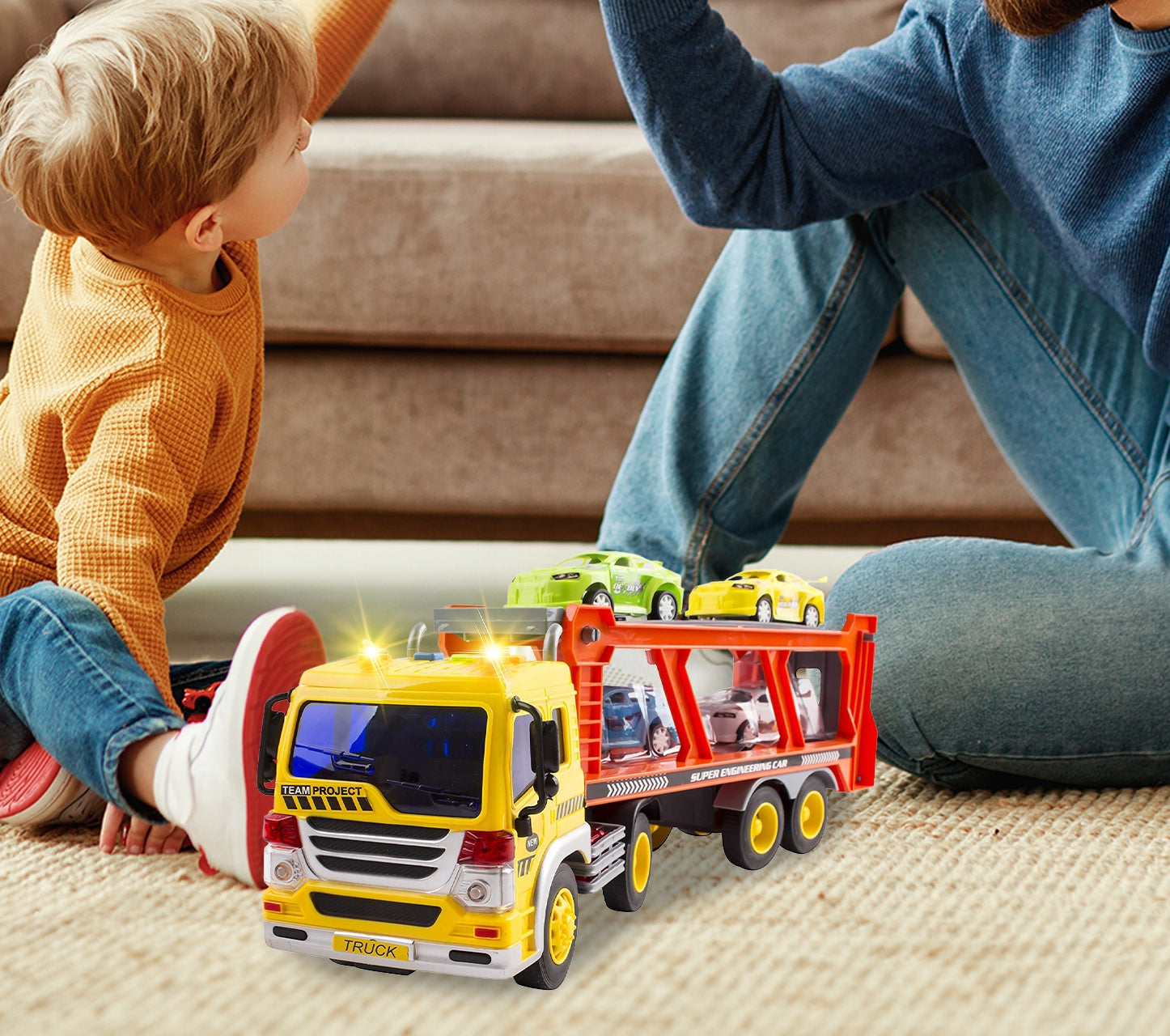 Sunkvežimio transporteris su automobiliais, garsinis žaislas