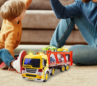 Sunkvežimio transporteris su automobiliais, garsinis žaislas