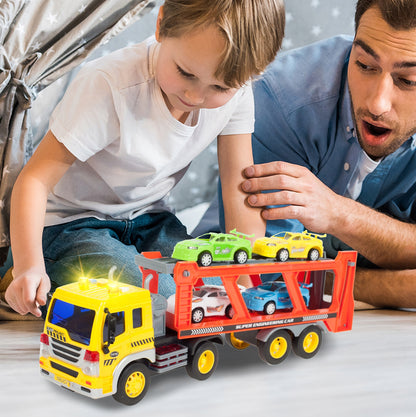 Sunkvežimio transporteris su automobiliais, garsinis žaislas