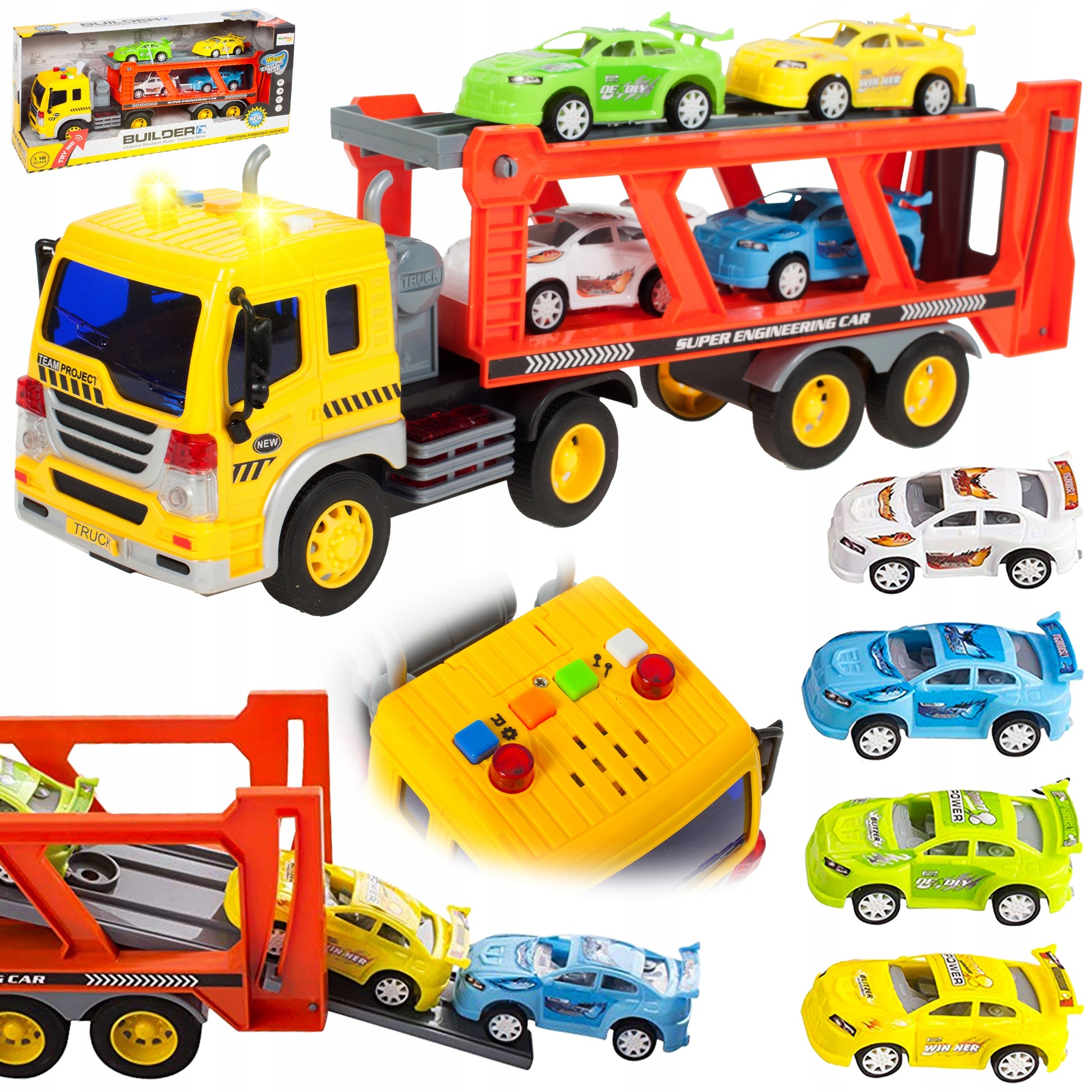 Sunkvežimio transporteris su automobiliais, garsinis žaislas