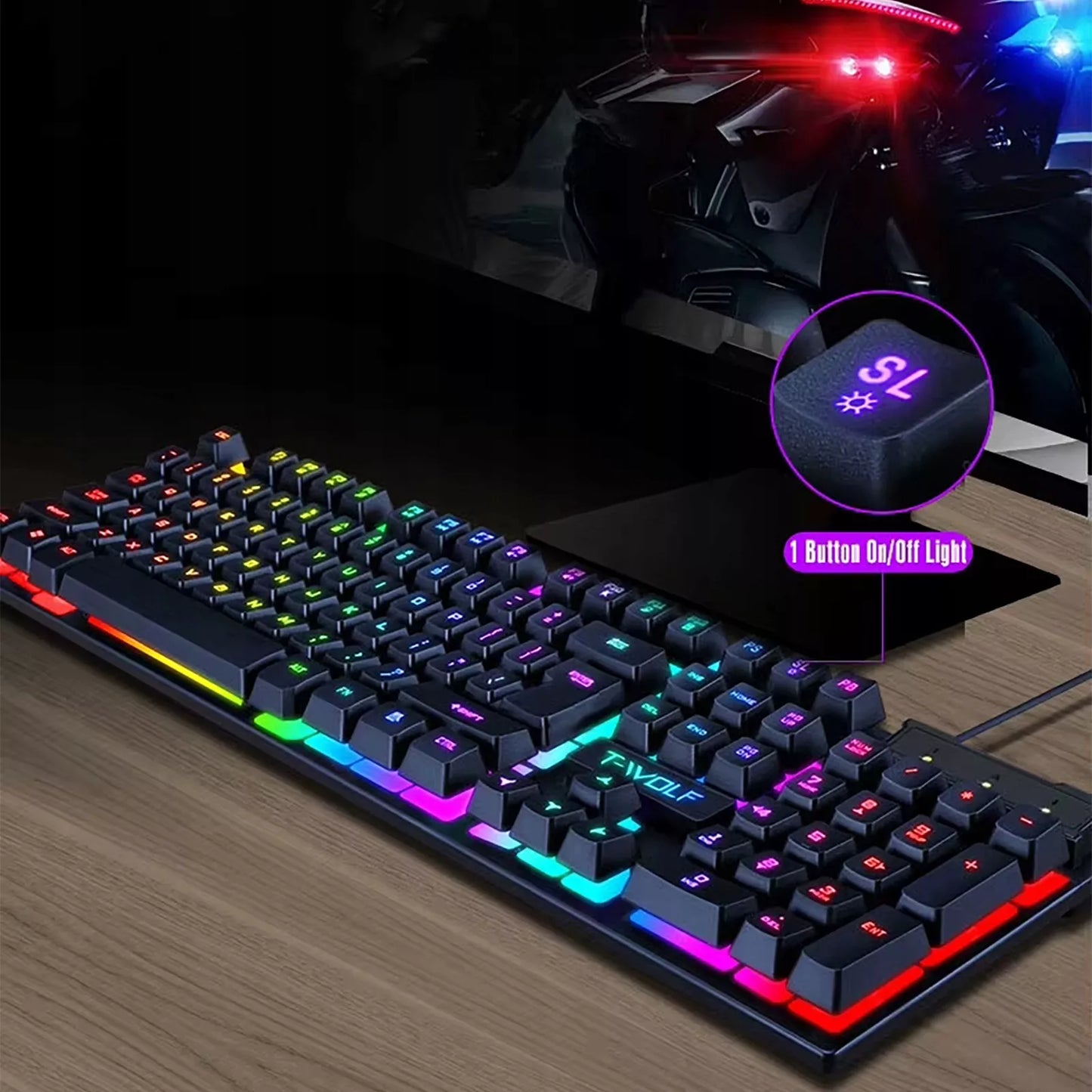 Juoda RGB žaidimų klaviatūra su LED apšvietimu žaidėjams + pelė dovanų