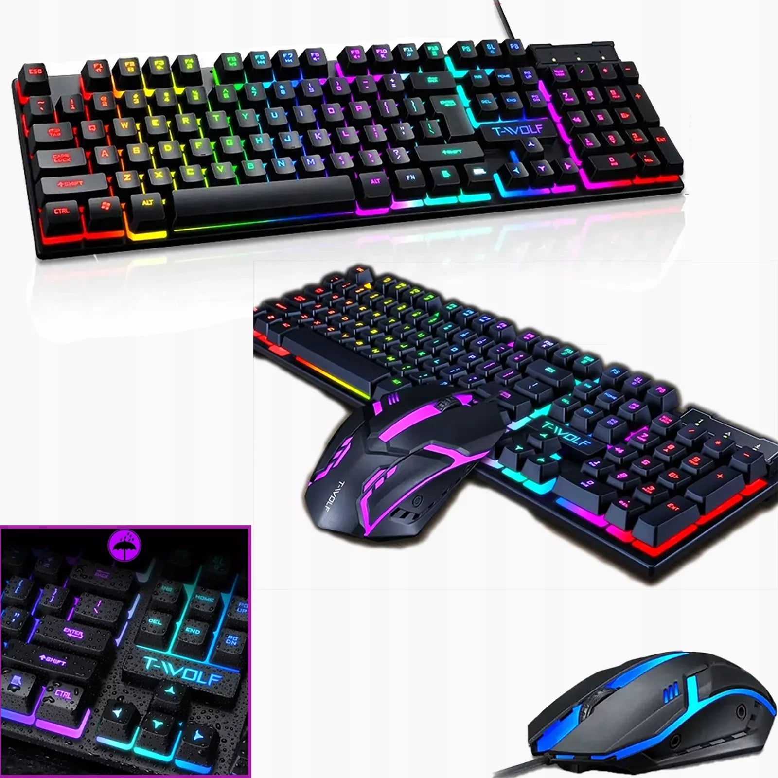 Juoda RGB žaidimų klaviatūra su LED apšvietimu žaidėjams + pelė dovanų