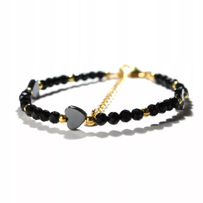 Apyrankė iš juodo turmalino su širdele, 925 sidabras, auksinė danga