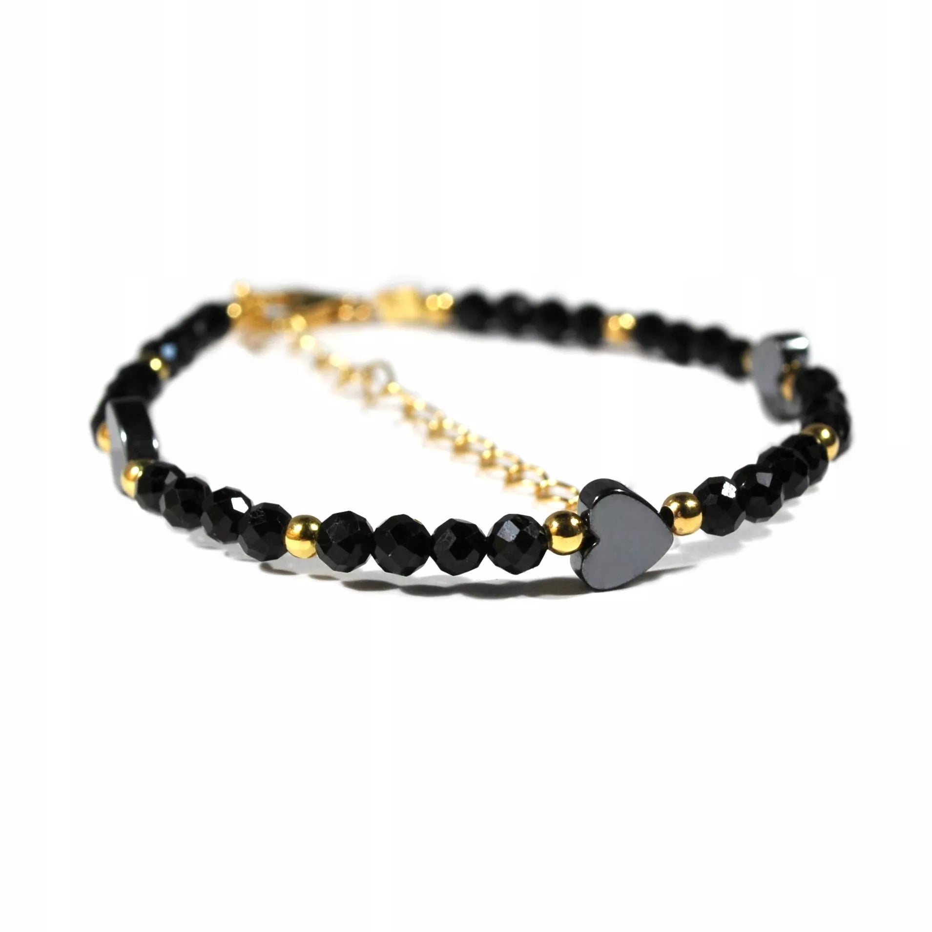 Apyrankė iš juodo turmalino su širdele, 925 sidabras, auksinė danga