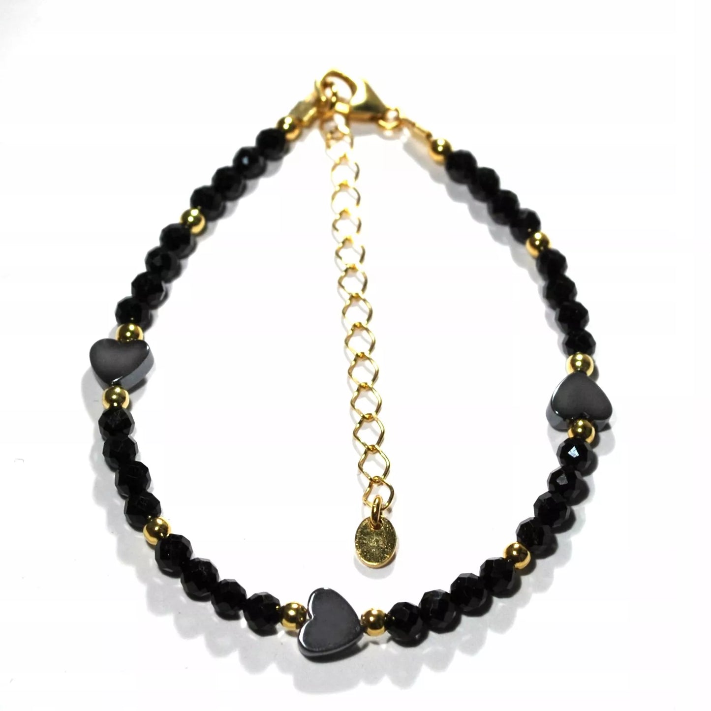 Apyrankė iš juodo turmalino su širdele, 925 sidabras, auksinė danga