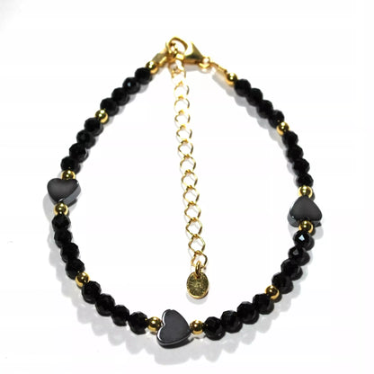 Apyrankė iš juodo turmalino su širdele, 925 sidabras, auksinė danga