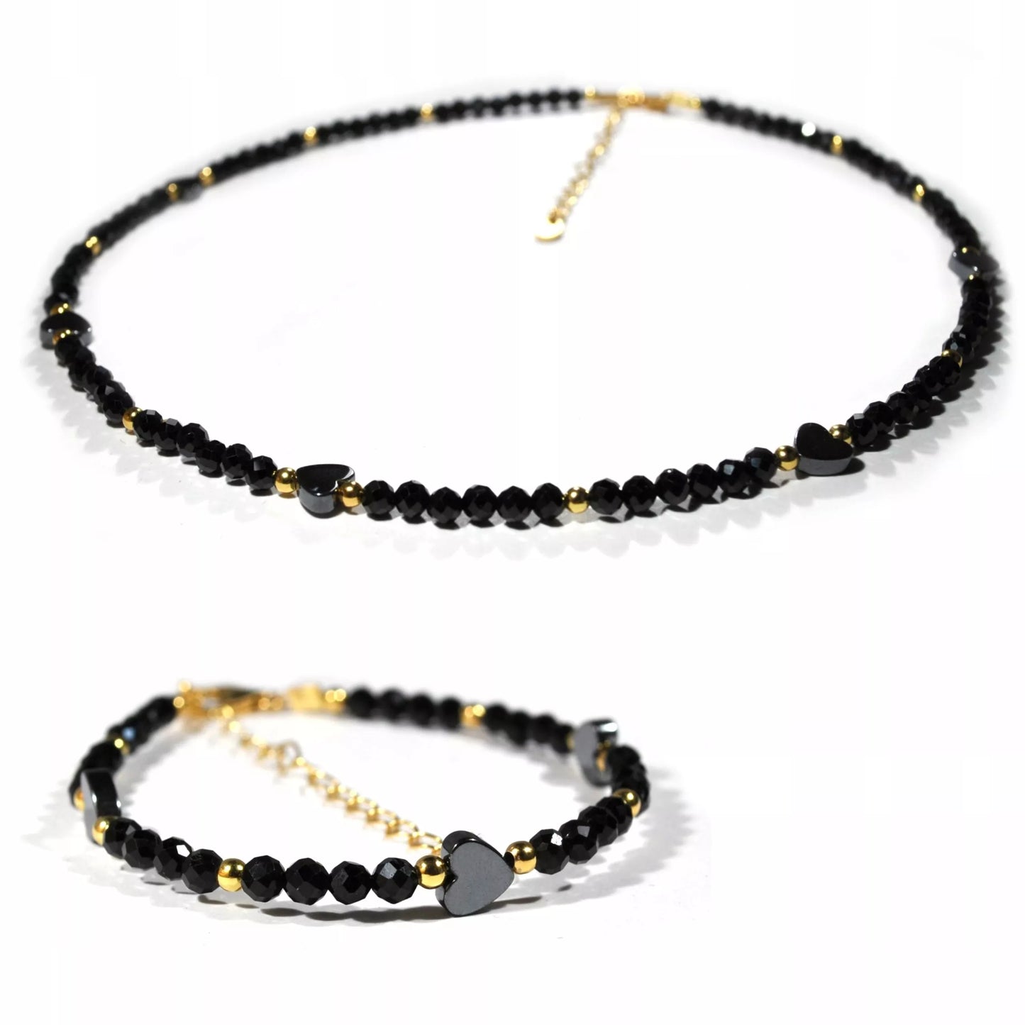 Apyrankė iš juodo turmalino su širdele, 925 sidabras, auksinė danga