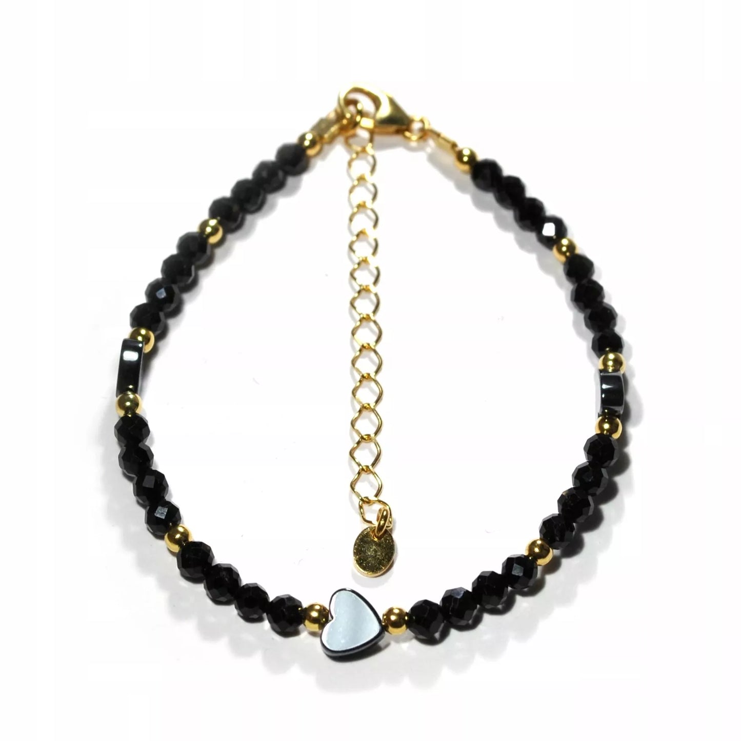 Apyrankė iš juodo turmalino su širdele, 925 sidabras, auksinė danga