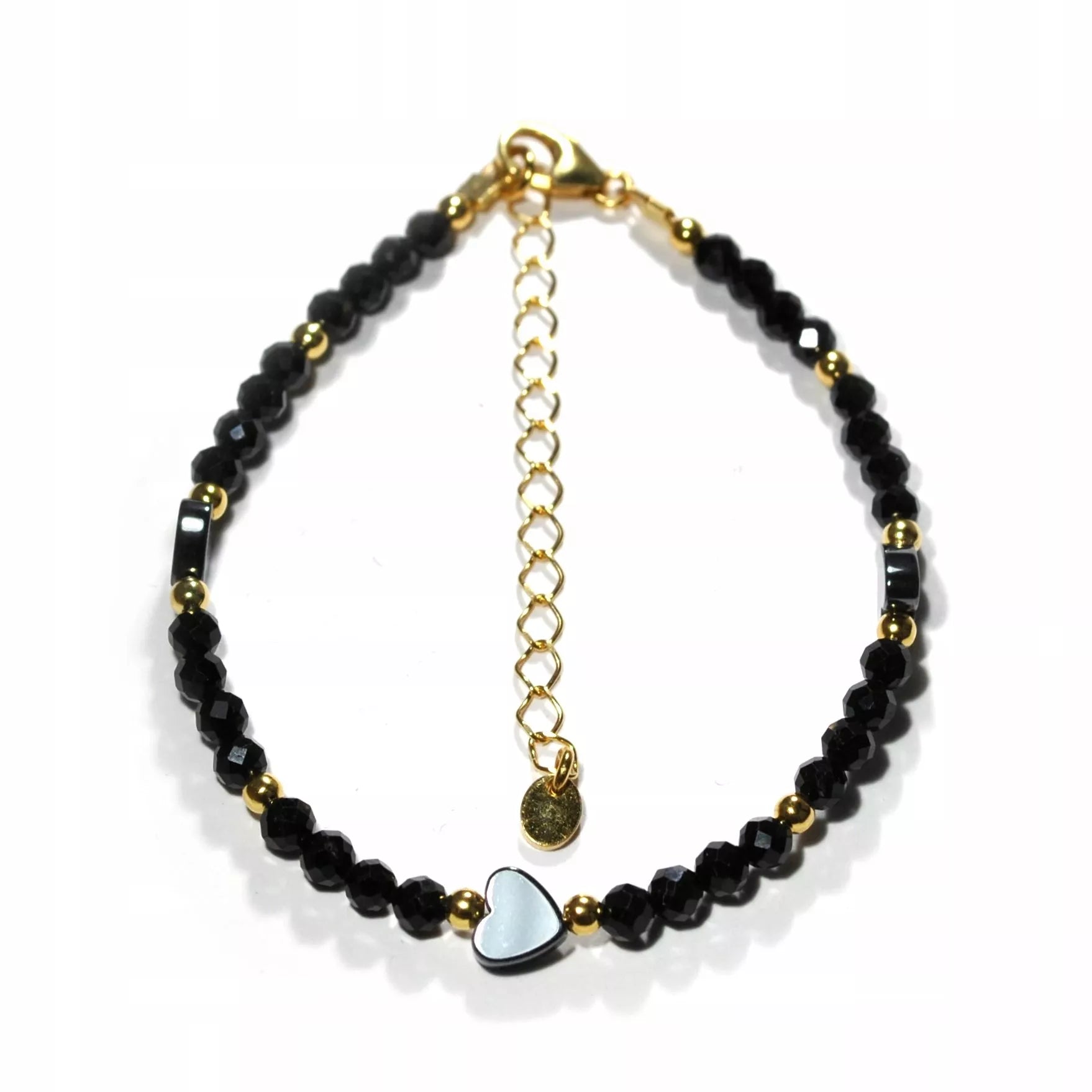 Apyrankė iš juodo turmalino su širdele, 925 sidabras, auksinė danga