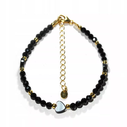 Apyrankė iš juodo turmalino su širdele, 925 sidabras, auksinė danga