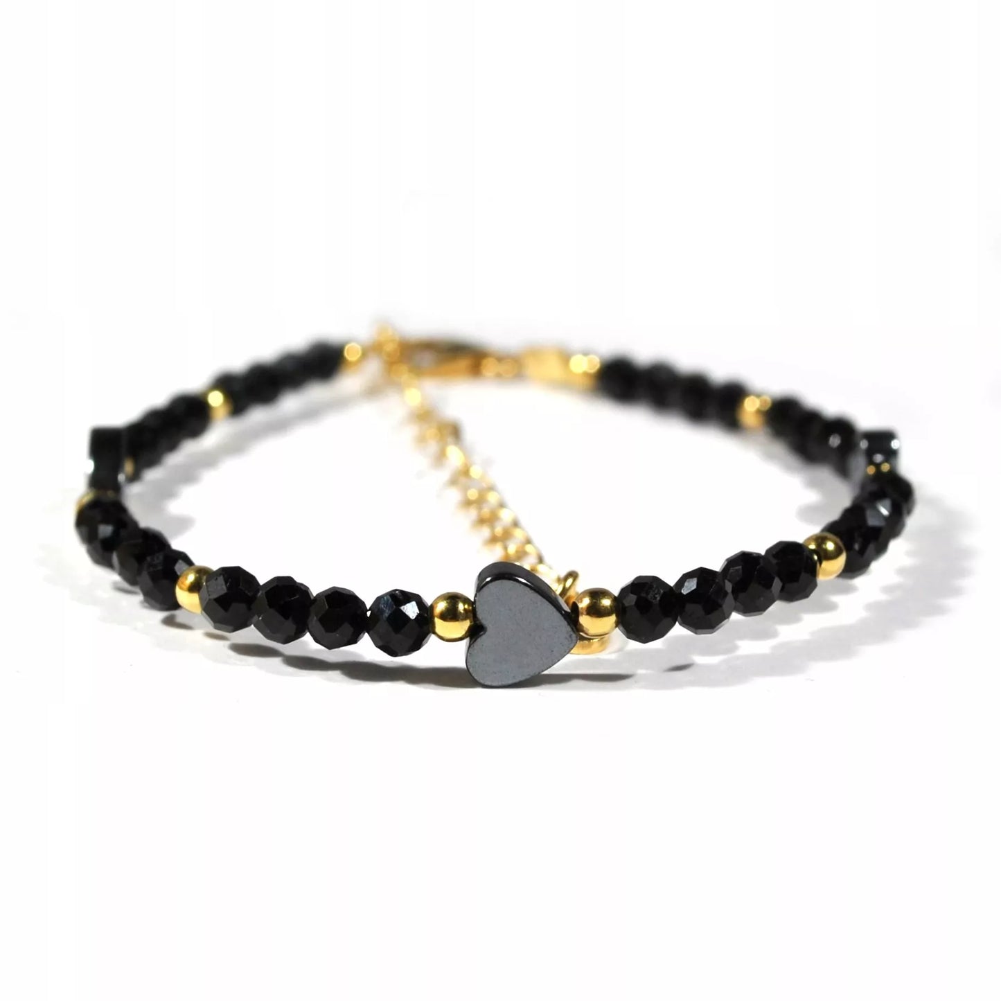 Apyrankė iš juodo turmalino su širdele, 925 sidabras, auksinė danga