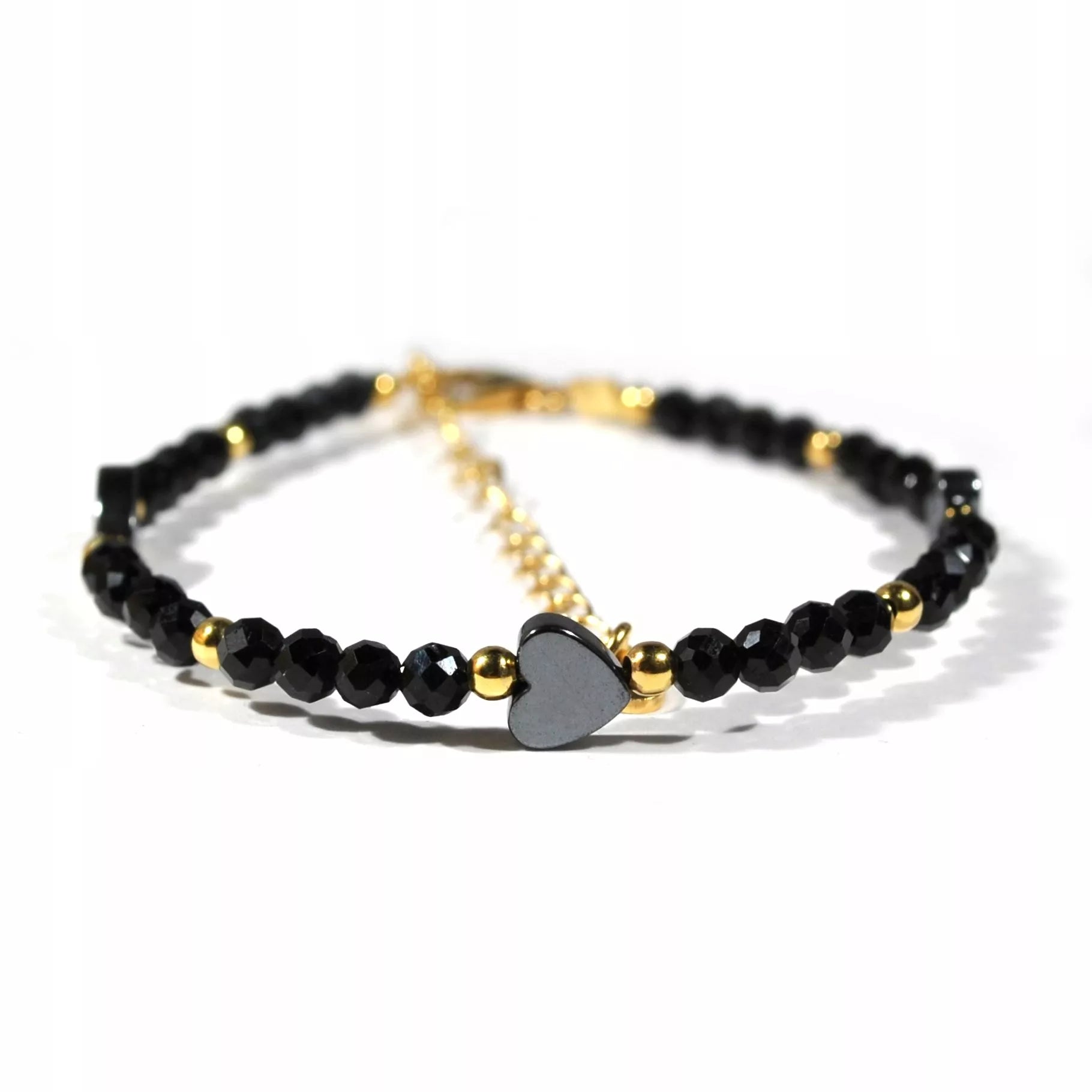 Apyrankė iš juodo turmalino su širdele, 925 sidabras, auksinė danga