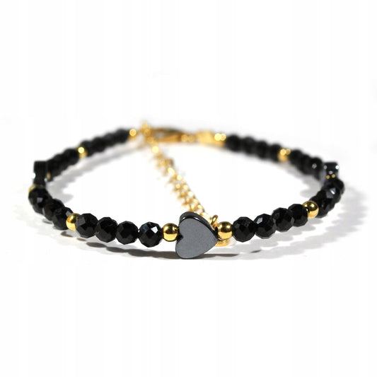 Apyrankė iš juodo turmalino su širdele, 925 sidabras, auksinė danga