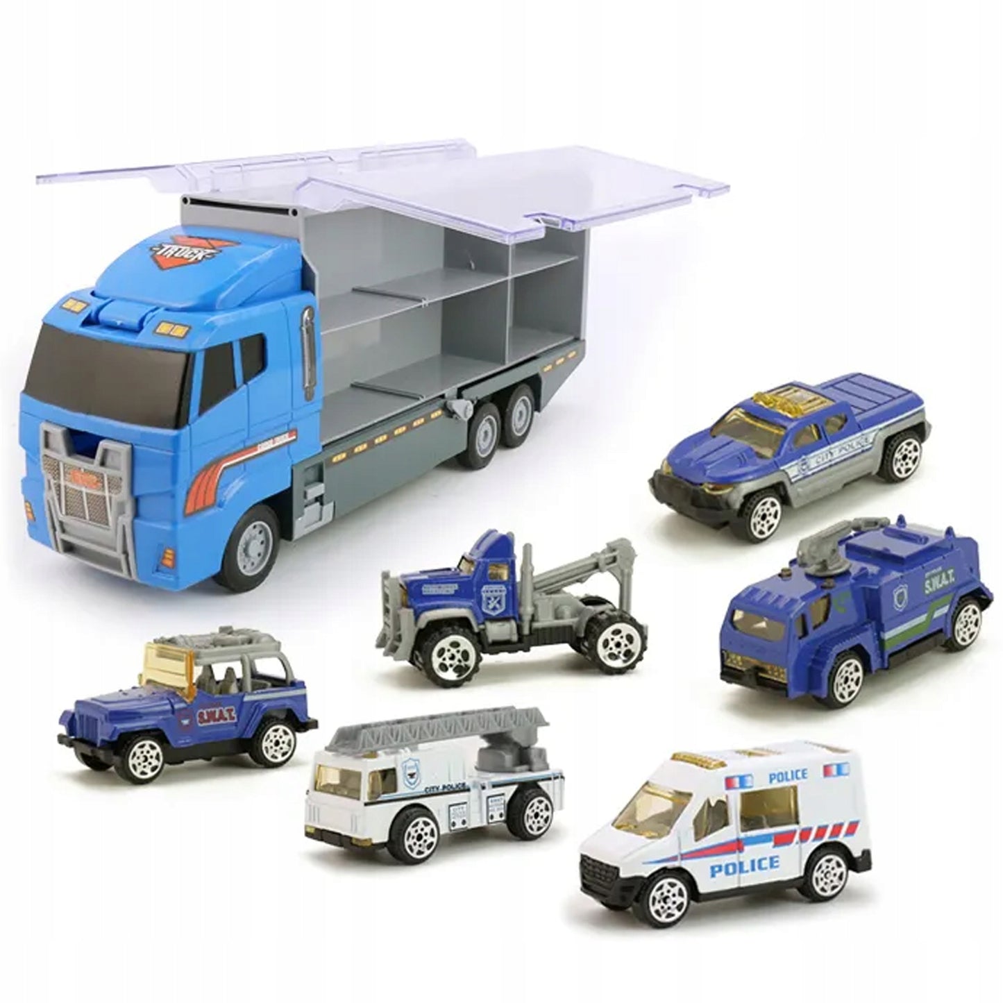 Policijos sunkvežimis, autovežis + automobiliai vaikams