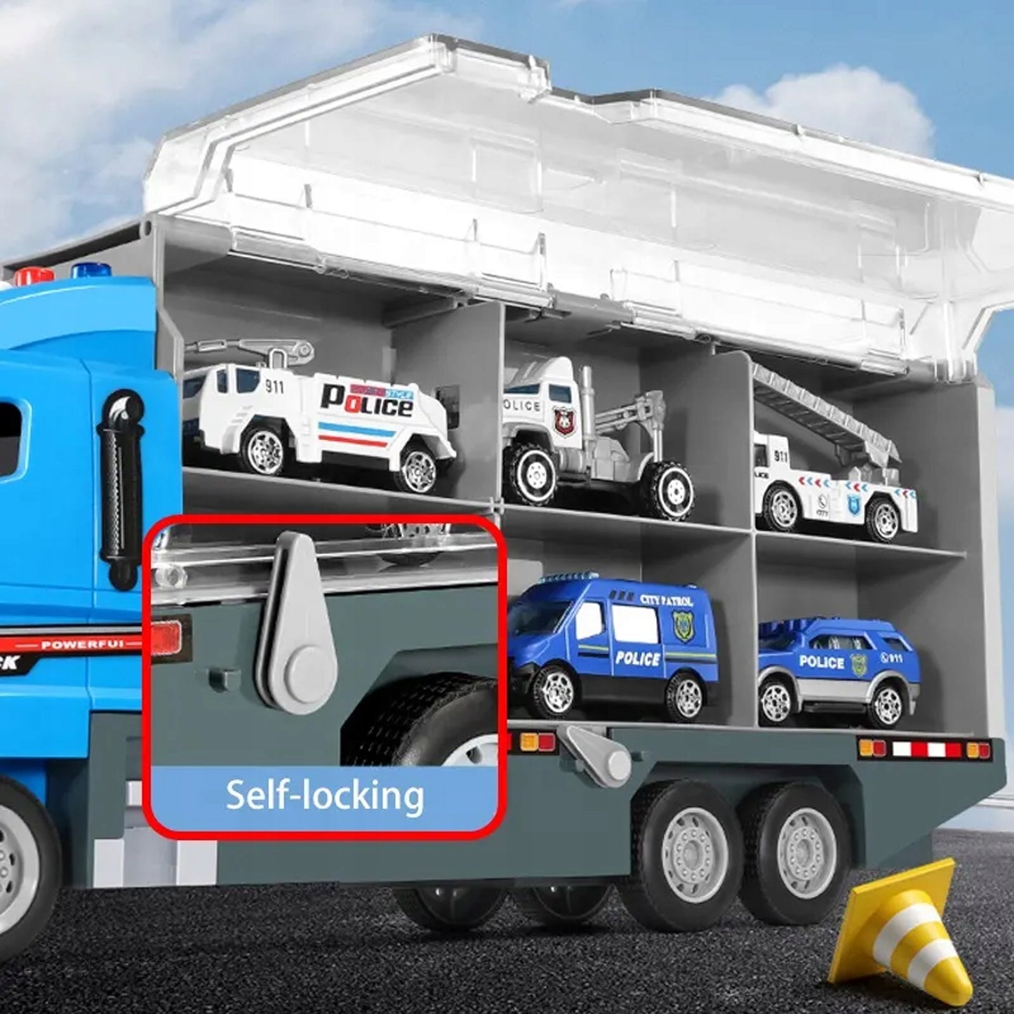 Policijos sunkvežimis, autovežis + automobiliai vaikams