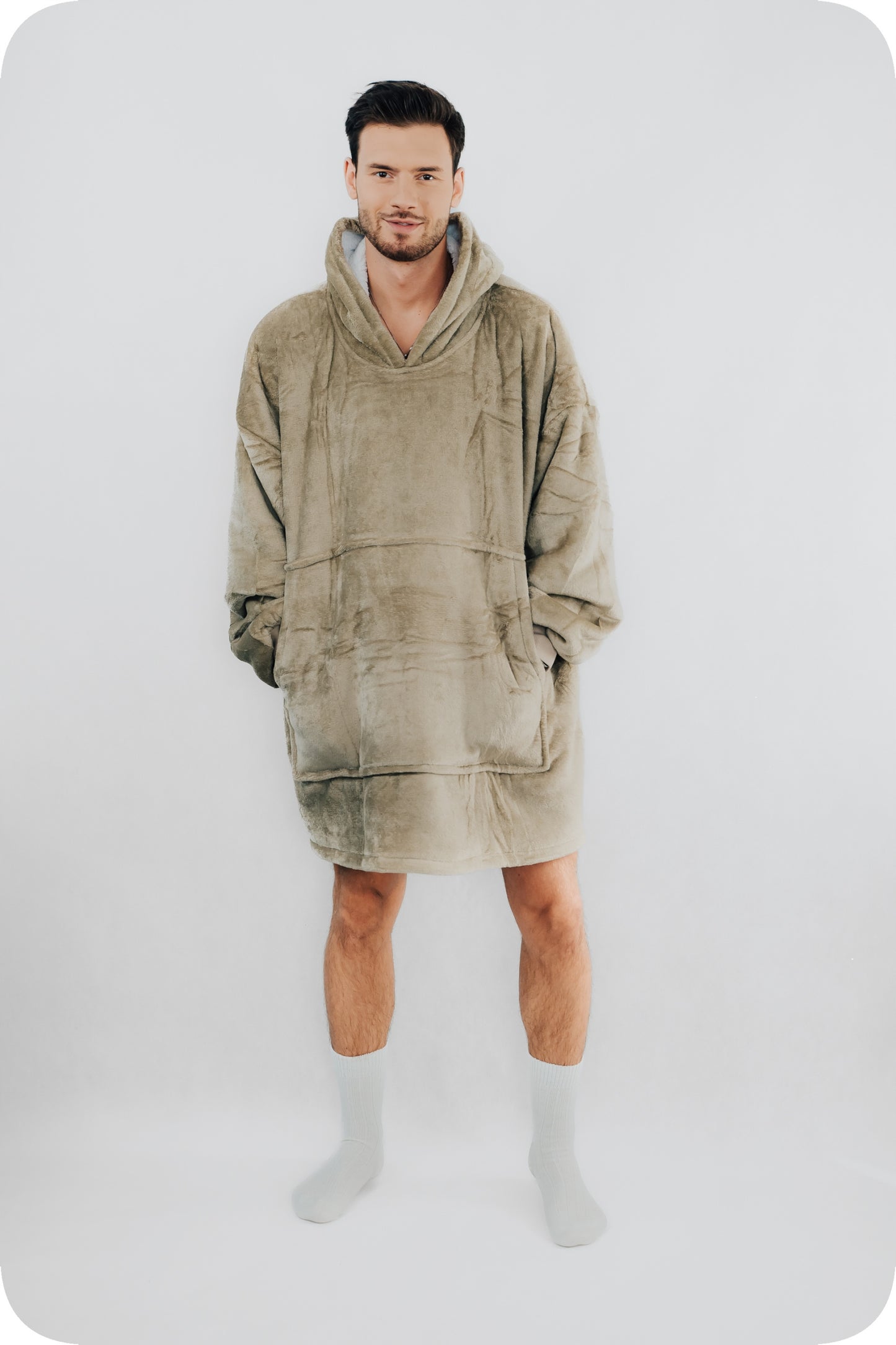 „Comfy Moment“ "Sherpa“ džemperis/pledas, "beige" – storas, purus, "oversize" stiliaus