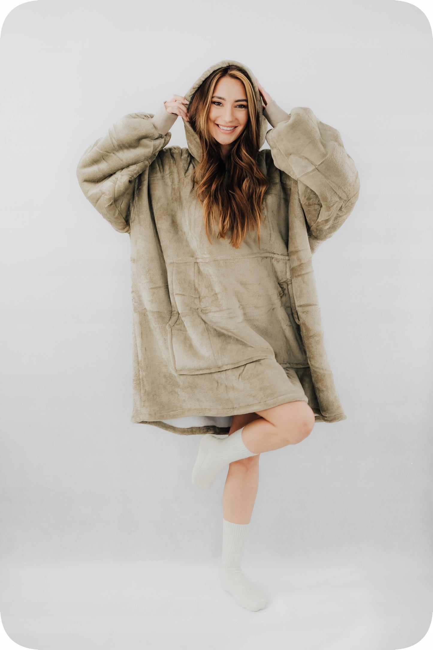 „Comfy Moment“ "Sherpa“ džemperis/pledas, "beige" – storas, purus, "oversize" stiliaus