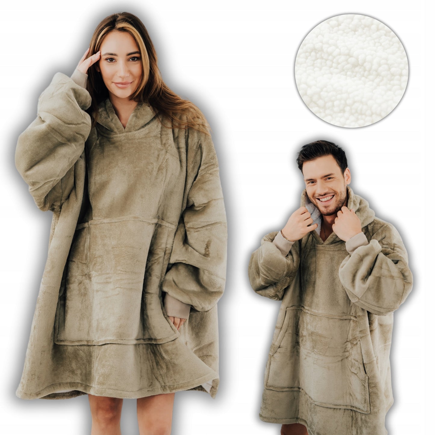 „Comfy Moment“ "Sherpa“ džemperis/pledas, "beige" – storas, purus, "oversize" stiliaus