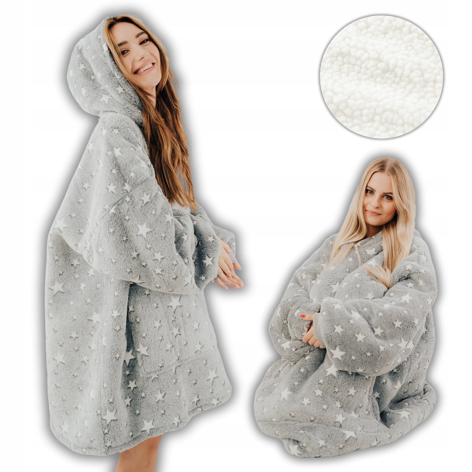 Comfy Moment Džemperis-pledas su mažomis žvaigždutėmis #Stars – storas, purus sherpa oversize stiliaus