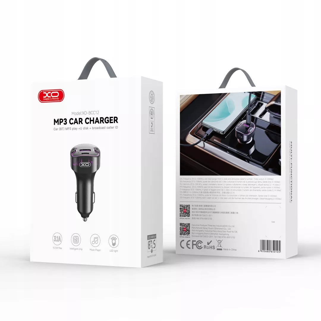 Juodas „XO FM BCC12 Bluetooth“ siųstuvas, MP3 grotuvas ir 3,1 A automobilinis įkroviklis