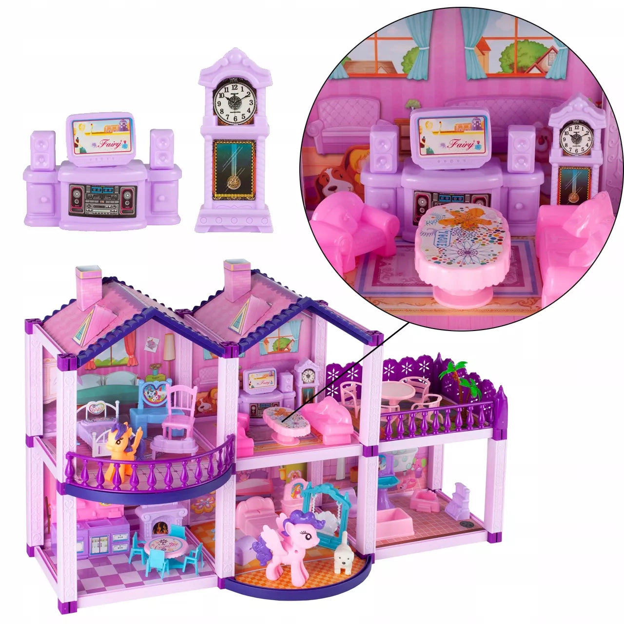 Lėlių namelis poniams VILLA arkliai šuo baldai poniams vaikams rožinis