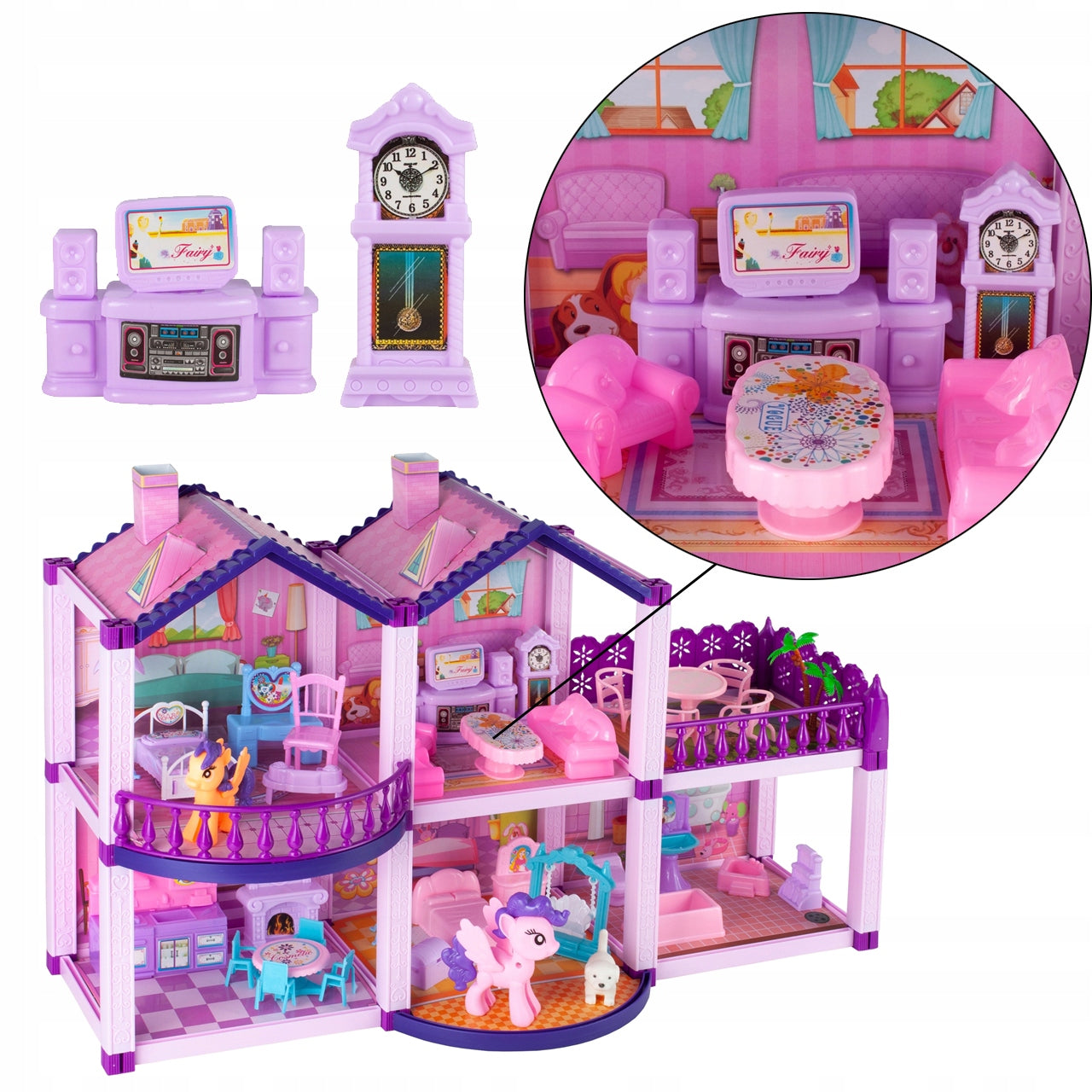 Lėlių namelis poniams VILLA arkliai šuo baldai poniams vaikams rožinis