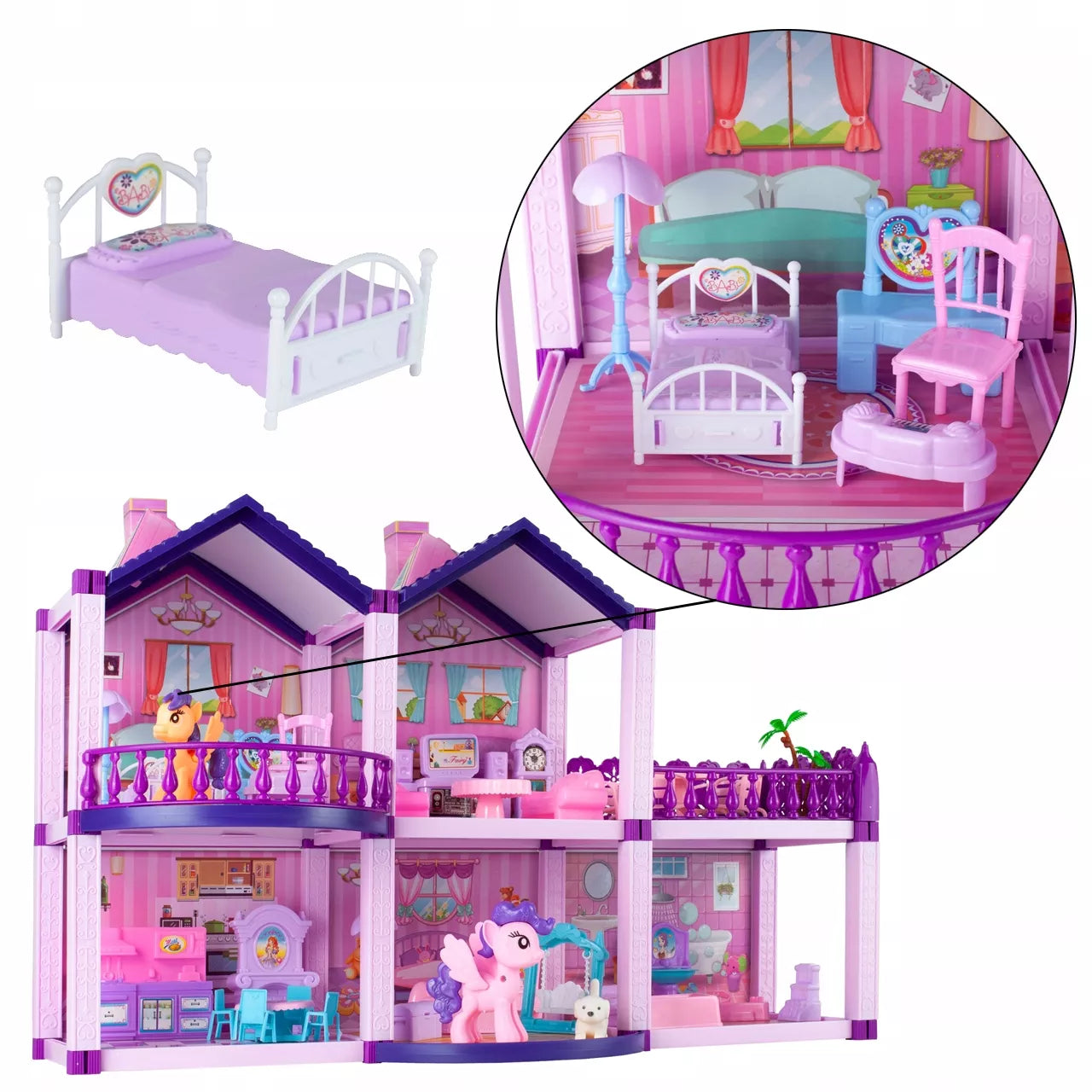 Lėlių namelis poniams VILLA arkliai šuo baldai poniams vaikams rožinis