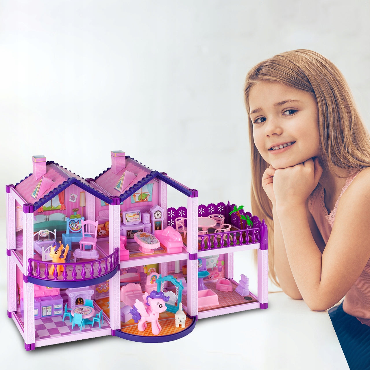 Lėlių namelis poniams VILLA arkliai šuo baldai poniams vaikams rožinis