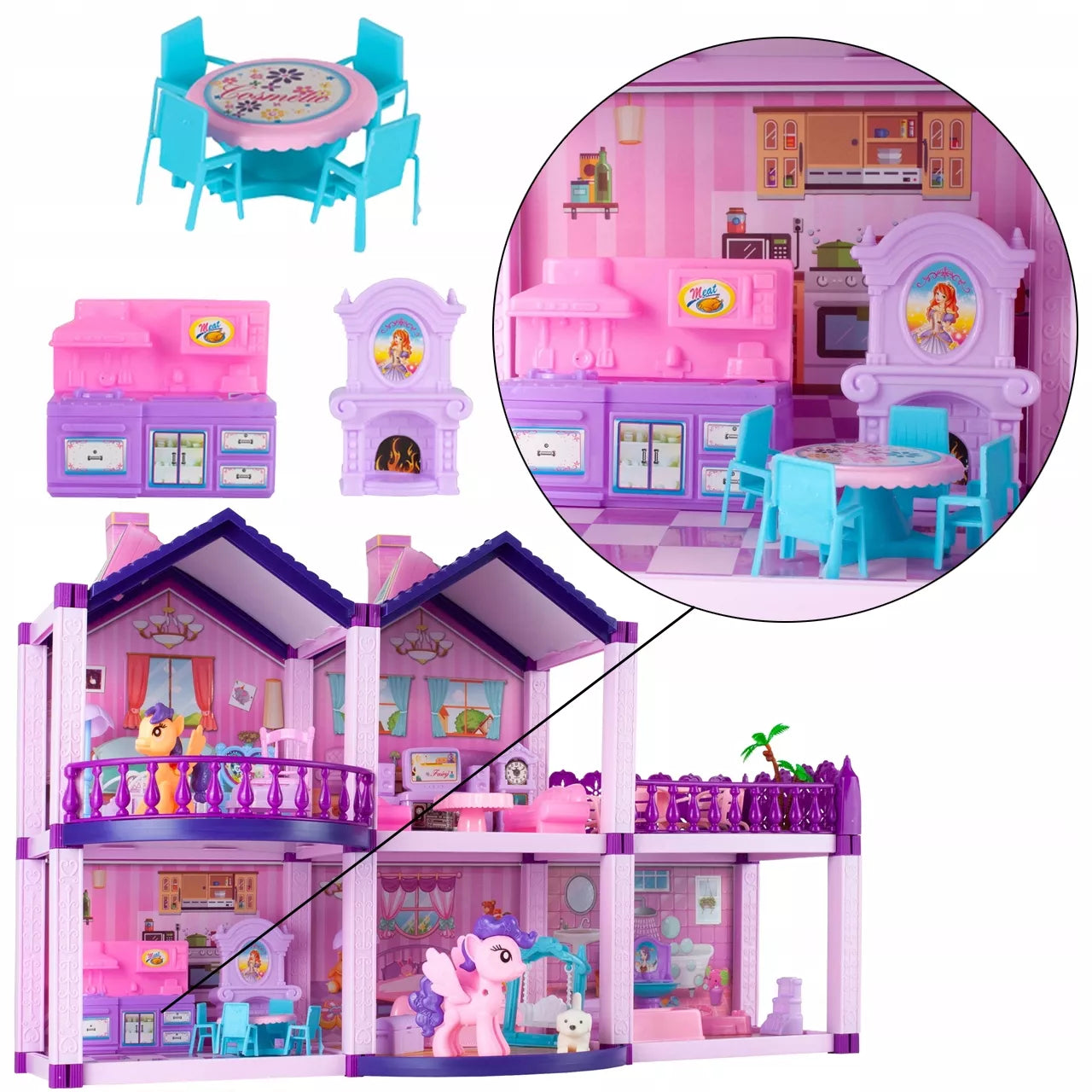 Lėlių namelis poniams VILLA arkliai šuo baldai poniams vaikams rožinis