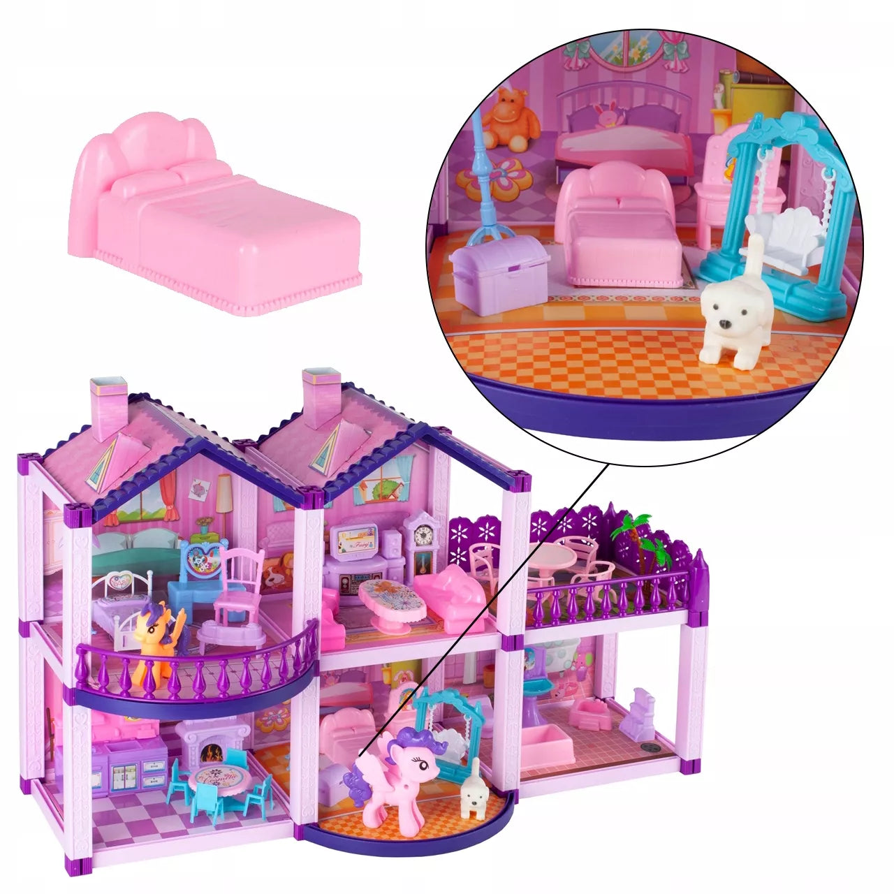 Lėlių namelis poniams VILLA arkliai šuo baldai poniams vaikams rožinis