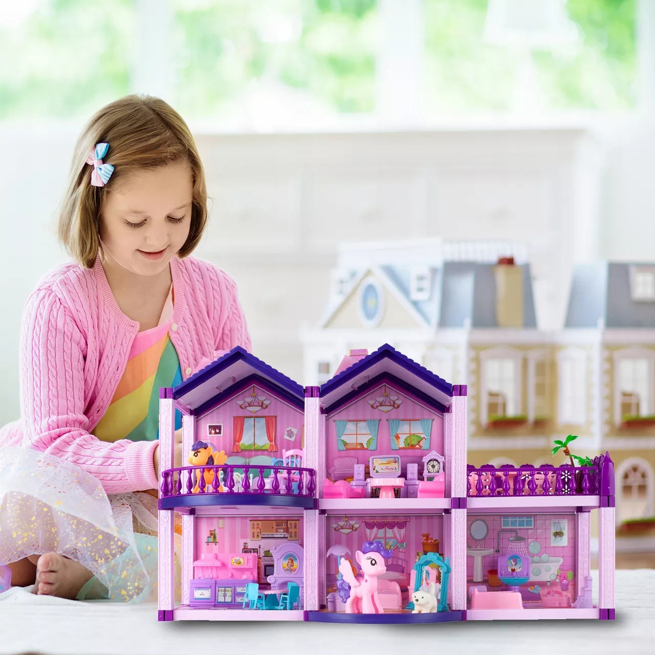 Lėlių namelis poniams VILLA arkliai šuo baldai poniams vaikams rožinis