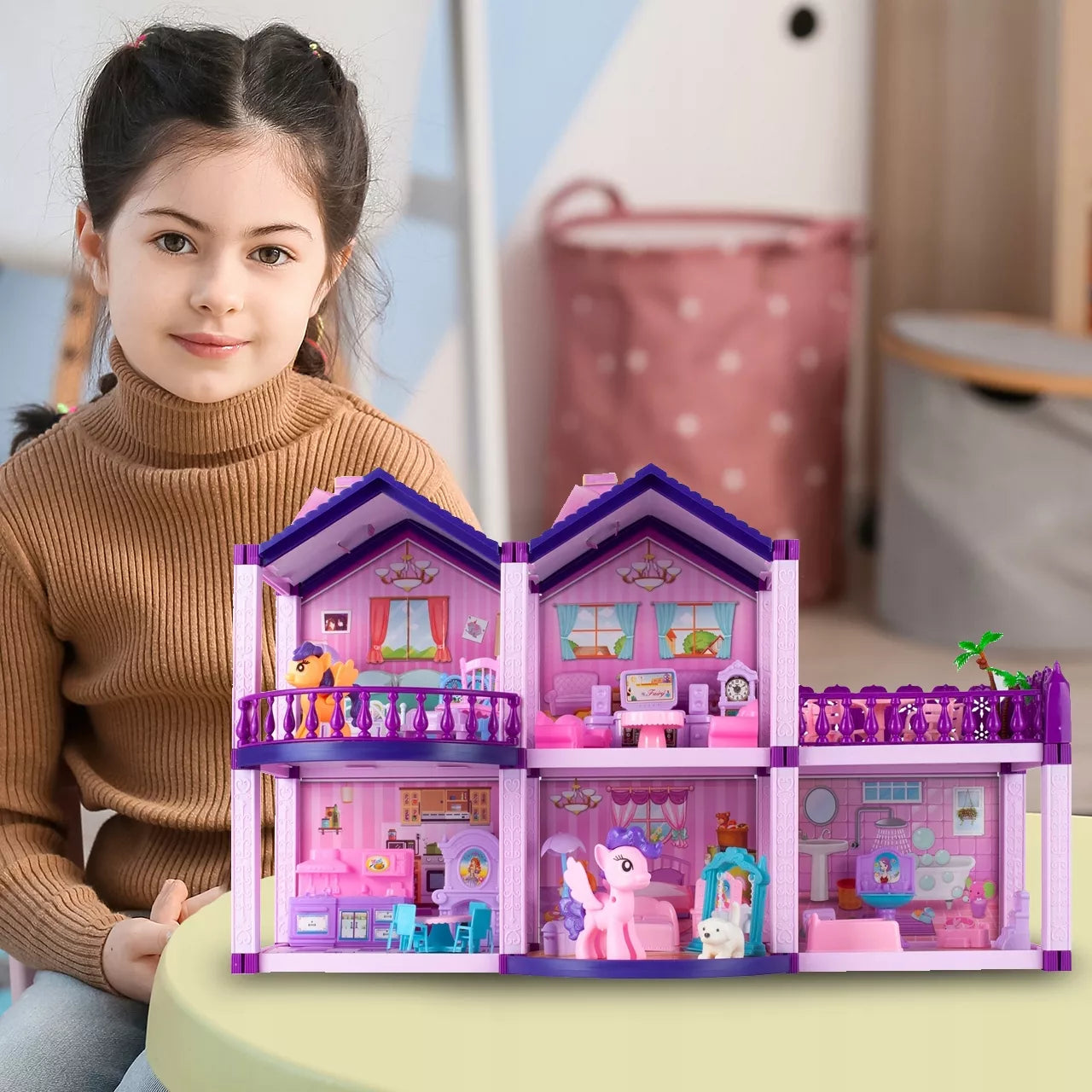 Lėlių namelis poniams VILLA arkliai šuo baldai poniams vaikams rožinis