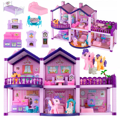 Lėlių namelis poniams VILLA arkliai šuo baldai poniams vaikams rožinis