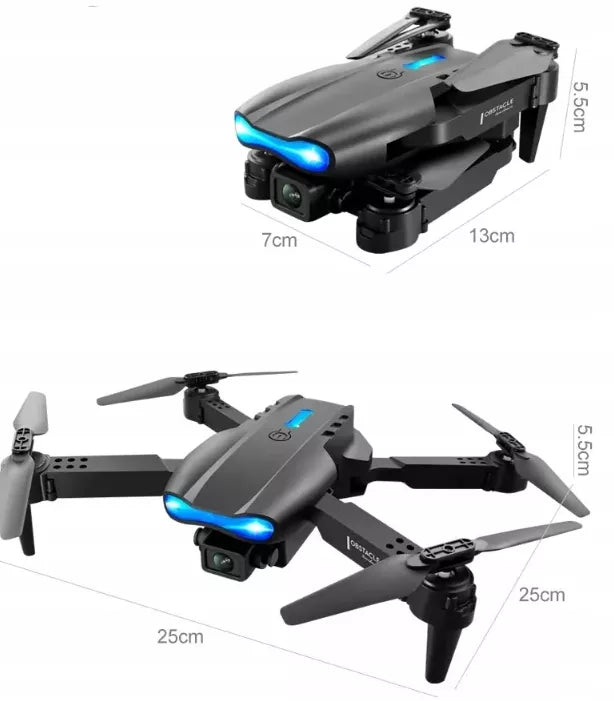 DRONAS E99 2x KVIETIKĖ SU 500M DIAPAZONU, SKRIEDIMO NETURIANČIOS TECHNOLOGIJOS, WIFI + DĖKLAS SU NUOTOLINIU VALDYMU