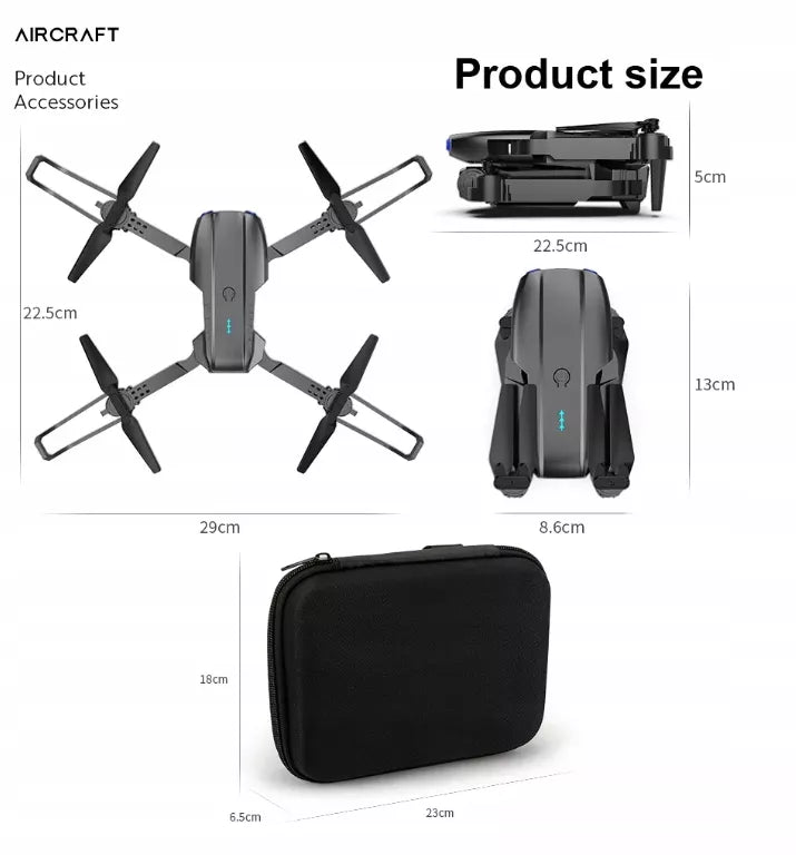 DRONAS E99 2x KVIETIKĖ SU 500M DIAPAZONU, SKRIEDIMO NETURIANČIOS TECHNOLOGIJOS, WIFI + DĖKLAS SU NUOTOLINIU VALDYMU