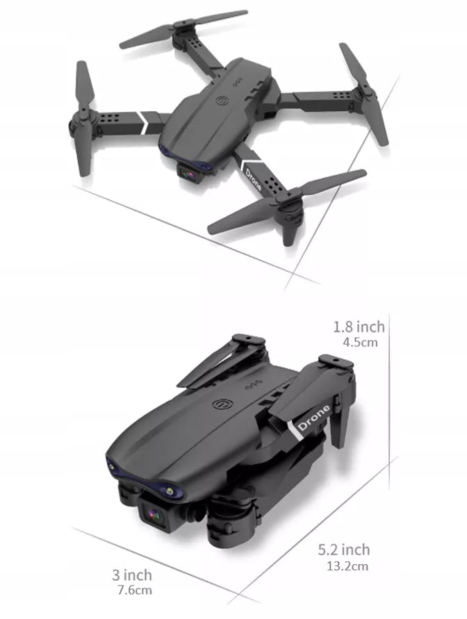 DRONAS E99 2x KVIETIKĖ SU 500M DIAPAZONU, SKRIEDIMO NETURIANČIOS TECHNOLOGIJOS, WIFI + DĖKLAS SU NUOTOLINIU VALDYMU